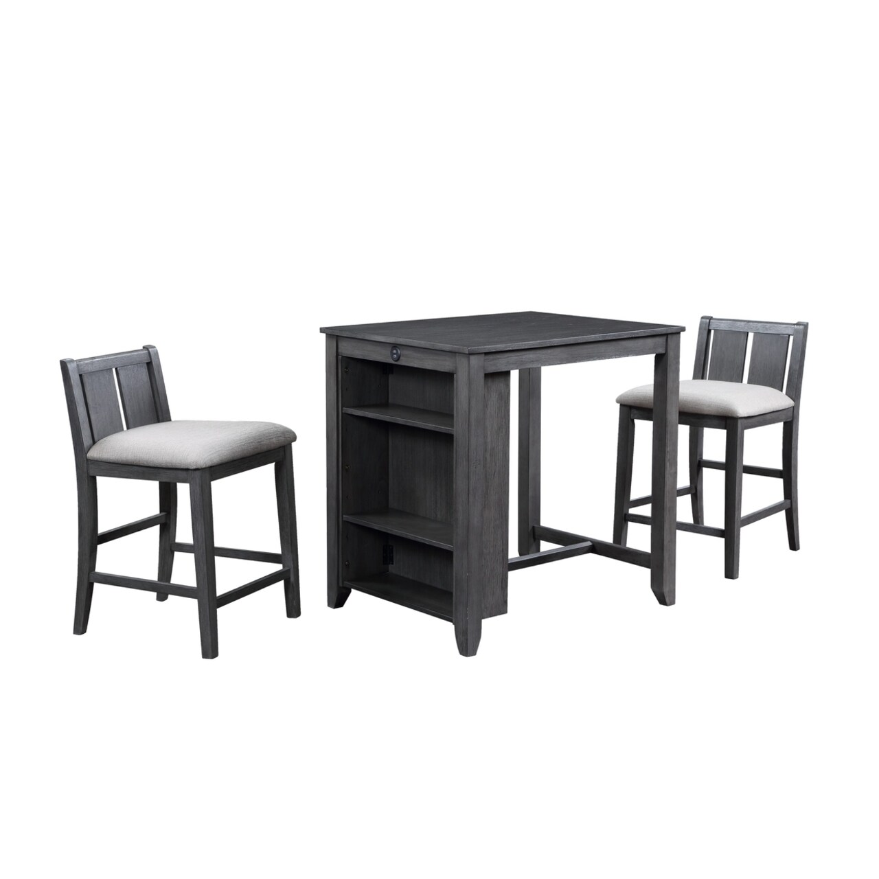 Saltoro Sherpi Hia 3 Piece Counter Table Set, Cushioned Seats, 2 Shelves, Smooth Gray-